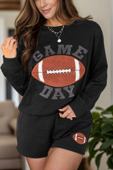 GAME DAY Football Round Neck Long Sleeve Top and Shorts Set Black OutfitFlow
