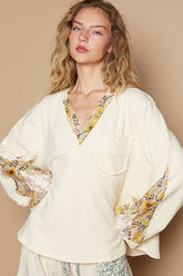 POL Lace Detail Flower Printed V-Neck Knit Top Cream OutfitFlow