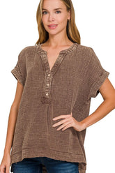 Zenana Washed Double Gauze 3/4 Button Henley Neck Shirt BROWN OutfitFlow