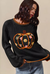 SO ME Pumpkin Floral Embroidered Thanksgiving Sweater BLACK OutfitFlow