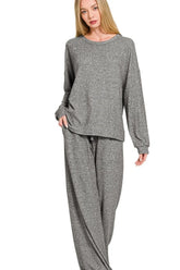 Zenana Soft Melange Hacci Long Slv Tee & Pants Set Gray OutfitFlow
