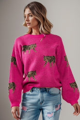 Tiger Pattern Round Neck Drop Shoulder Sweater Hot Pink OutfitFlow