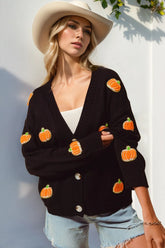 Double Take Full Size Pumpkin Button Up Long Sleeve Cardigan Black OutfitFlow