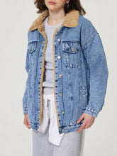 Button Up Collared Neck Plush Denim Jacket Light OutfitFlow