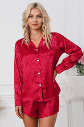 Long Sleeve Shirt and Shorts Lounge Set Red OutfitFlow