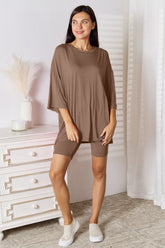Basic Bae Full Size Soft Rayon Three-Quarter Sleeve Top and Shorts Set Mocha OutfitFlow