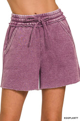 Zenana Acid Wash Fleece Drawstring Shorts With Pockets EGGPLANT OutfitFlow