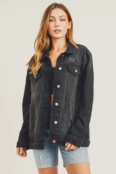RISEN Full Size Distressed Long Sleeve Denim Jacket Black OutfitFlow