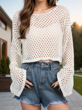 Openwork Round Neck Long Sleeve Cover Up Cream OutfitFlow