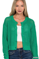 Zenana Button Down Lightweight Crochet Cardigan Sweater K GREEN Trendsi