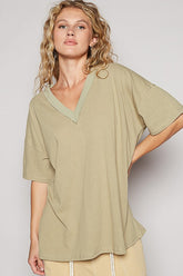 POL V-Neck Half Sleeve T-Shirt Dried Moss OutfitFlow