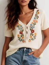 Embroidered Floral V-Neck Sweater Cream OutfitFlow