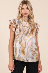 Mittoshop Abstract Print Ruffle Short Sleeve Satin Top Tan OutfitFlow