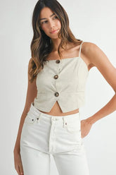 MABLE Linen Mix Button Down Tank Top Oatmeal OutfitFlow