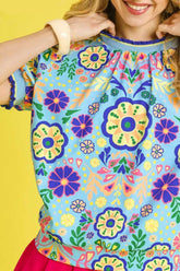 Umgee Retro Floral Puff Sleeve Top Navy OutfitFlow