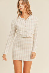 MABLE Houndstooth Cropped Knit Cardigan and Mini Skirt Set Dusty Pink OutfitFlow