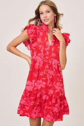 Umgee Full Size Two Tone Floral Print Ruffle Cap Sleeve Mini Dress Plus Size Red OutfitFlow