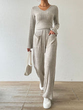Ribbed V-Neck Long Sleeve Top and Pocketed Pants Set Dust Storm OutfitFlow