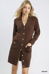 Umgee Button-Down Longline Sweater Cardigan with Front Pockets Brown OutfitFlow