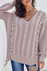 Cable Knit Lace Up V-Neck Sweater Dusty Pink OutfitFlow