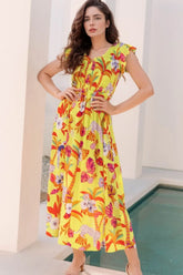 Cheetah Plant Print Shirred Button V Neck Maxi Dress Yellow OutfitFlow