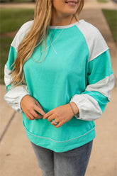 Plus Size Exposed Seam Color Block Long Sleeve Sweatshirt Turquoise OutfitFlow
