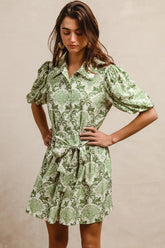 BiBi Tied Floral Short Sleeve Mini Shirt Dress GREEN CREAM OutfitFlow