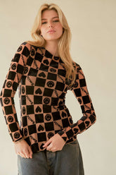 Davi & Dani Heart Print Long Sleeve Top Black OutfitFlow