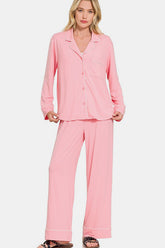 Zenana Button Down Long Sleeve Top and Pants Lounge Set Pink OutfitFlow