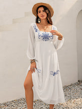 Printed Square Neck Balloon Sleeve Dress White OutfitFlow