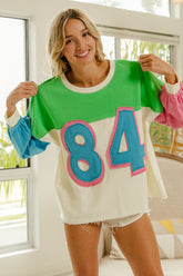 BiBi Color Block Patched Long Sleeve Top Ivory Green OutfitFlow