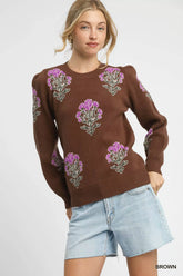 Umgee Single Flower Stem Jacquard Sweater Brown OutfitFlow