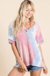 BiBi Tie Dye French Terry Top With Buttoned Placket PINK MULTI OutfitFlow