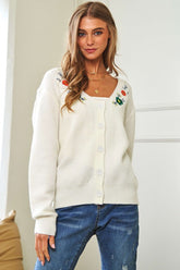 Davi & Dani Flower Embroidered Button Up Long Sleeve Cardigan White OutfitFlow