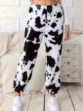 Fuzzy Cow Print Elastic Waist Pants White OutfitFlow