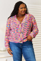 Woven Right V-Neck Long Sleeve Cardigan Multicolor OutfitFlow