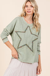 Mittoshop Mineral Wash Star Patch Long Sleeve T-Shirt Sage OutfitFlow