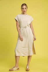 Umgee Side Slit Short Sleeve Midi Tee Dress ECRU OutfitFlow