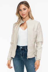 Snobbish Faux Leather Biker Jacket with Side Zip Pockets Sand OutfitFlow