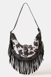 Fame Cow Print Faux Leather Fringe Hobo Bag BW one size OutfitFlow
