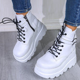 PU Leather Lace-Up Wedge Boots White OutfitFlow