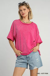 Umgee Mineral Wash Round Neck Top UMG-HOT PINK OutfitFlow