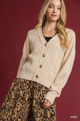 Umgee Chunky Cable Knit V-Neck Button-Up Cardigan ECRU OutfitFlow