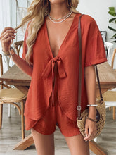 Tie Front Short Sleeve Top and Shorts Set Terracotta OutfitFlow