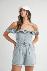 MABLE Off Shoulder Ruffle Detail Denim Romper Lt Denim OutfitFlow