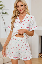 Cheery Print Collared Neck Top and Shorts Lounge Set White OutfitFlow