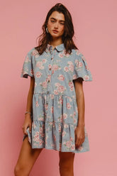 BiBi Floral Print Washed Lightweight Tiered Shirt Dress LT DENIM OutfitFlow