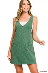 Zenana Washed Slub Adjustable Strap Overall Dress DK GREEN OutfitFlow