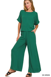 Zenana Round Neck T-Shirt and Wide Leg Pants Set DK GREEN OutfitFlow