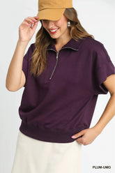 Umgee Full Size Half-Zip Short Sleeve Top Plus Size PLUM OutfitFlow